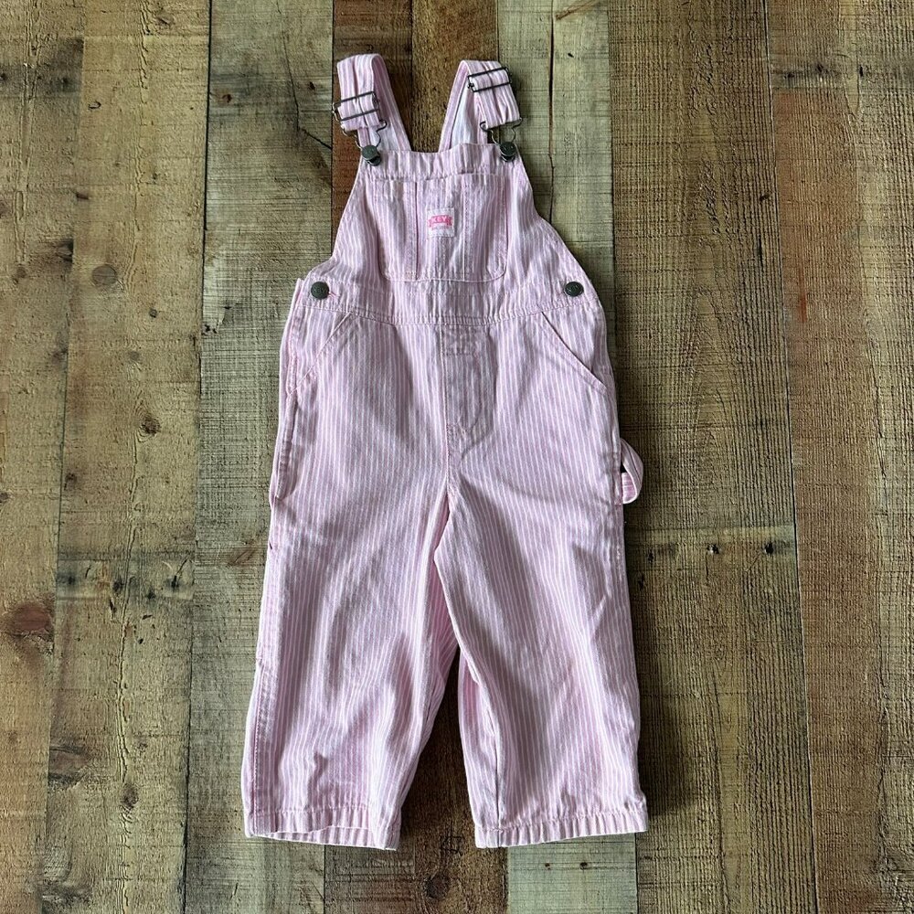 Key vintage Girls Size 2T Pink and white striped train conductor overalls